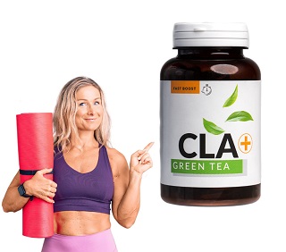 Dame med yogamatte som peker på en boks med CLA Green Tea.